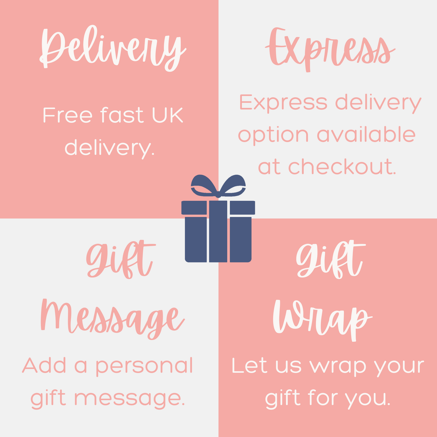 Luxury Gift in a Box USPs graphic: free fast UK delivery, express delivery option, add a gift message, gift wrap option