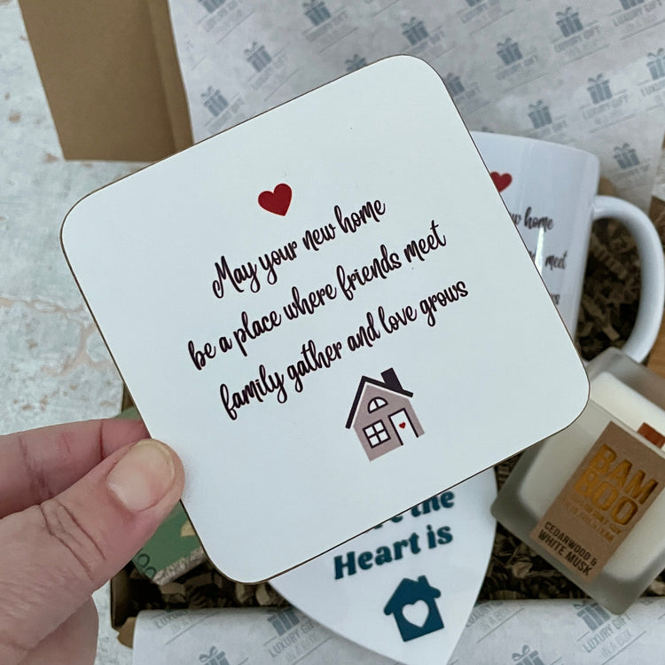 New Home message cork-backed printed coaster