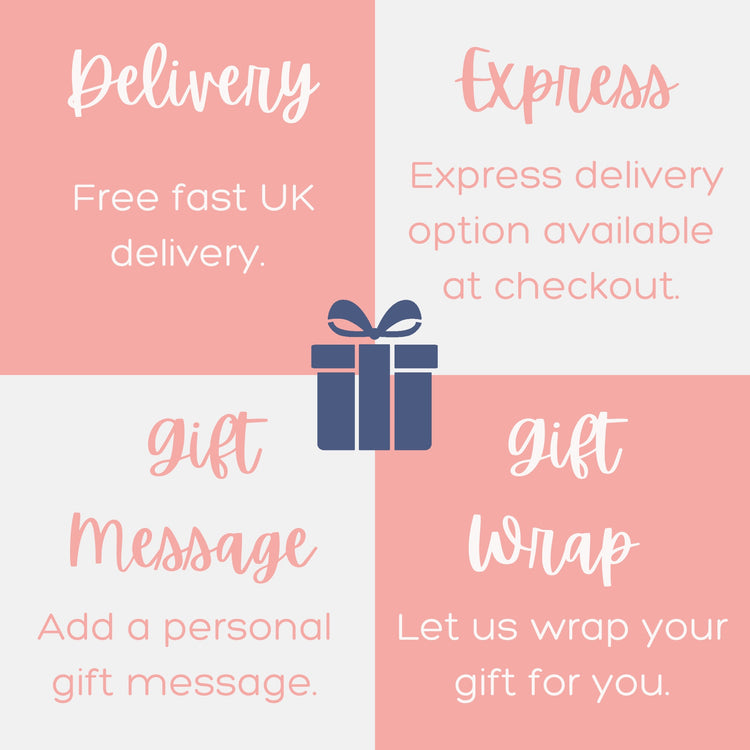 Luxury Gift in a Box USPs graphic: free fast UK delivery, express delivery option, add a gift message, gift wrap option