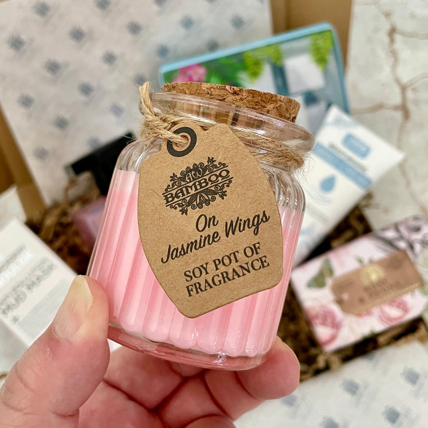 Jasmine Fragranced Soy Wax candle in glass jar with cork lid