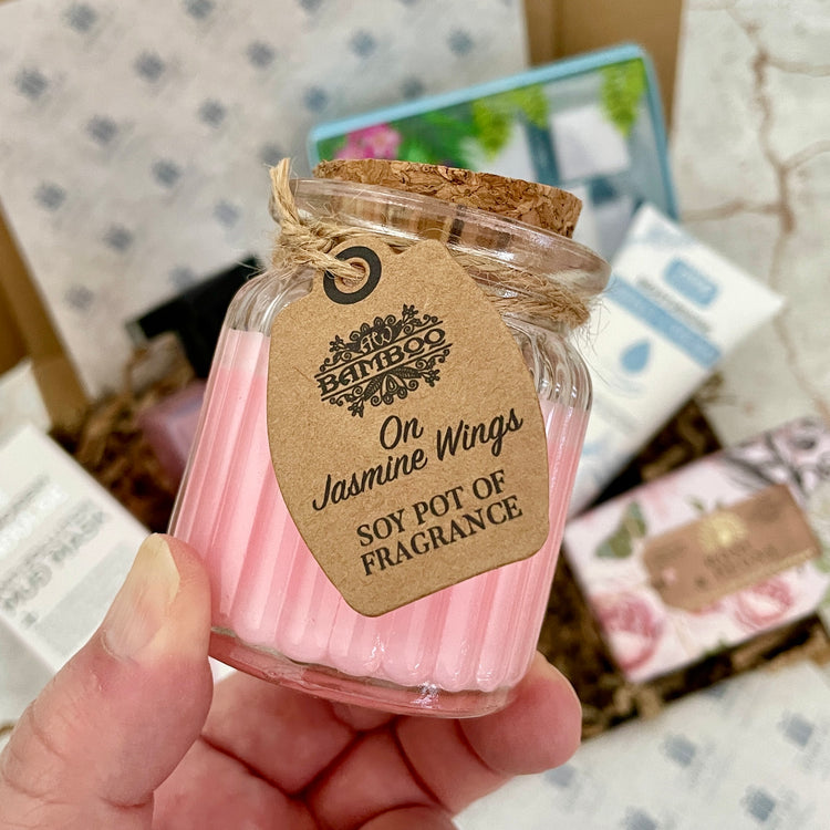 Jasmine Fragranced Soy Wax candle in glass jar with cork lid