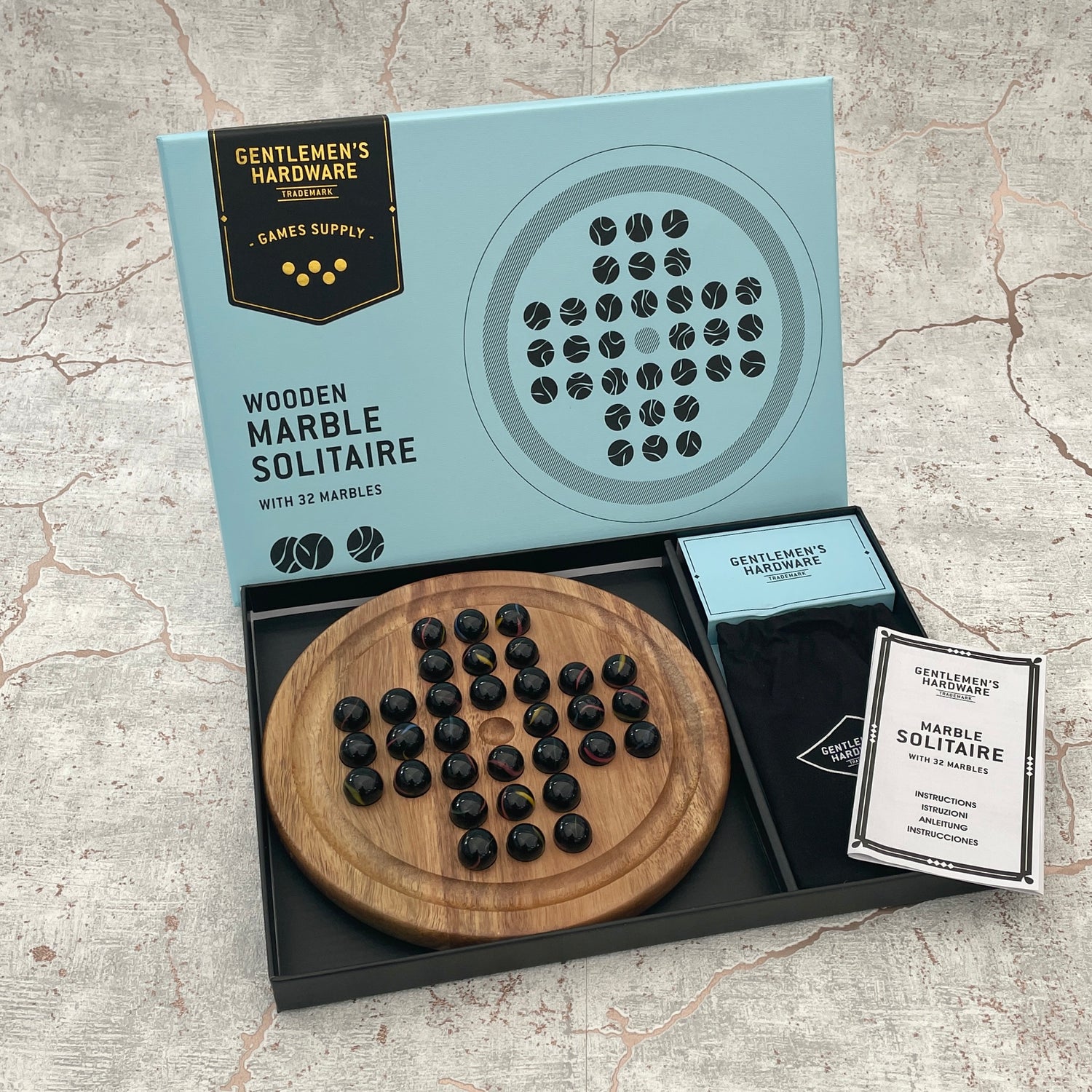 Acacia Wood and Glass Marble Solitaire Game