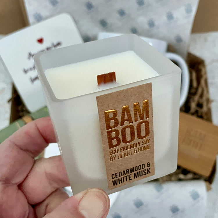 Cedarwood and White Musk Soy Wax Candle with crackle bamboo wick
