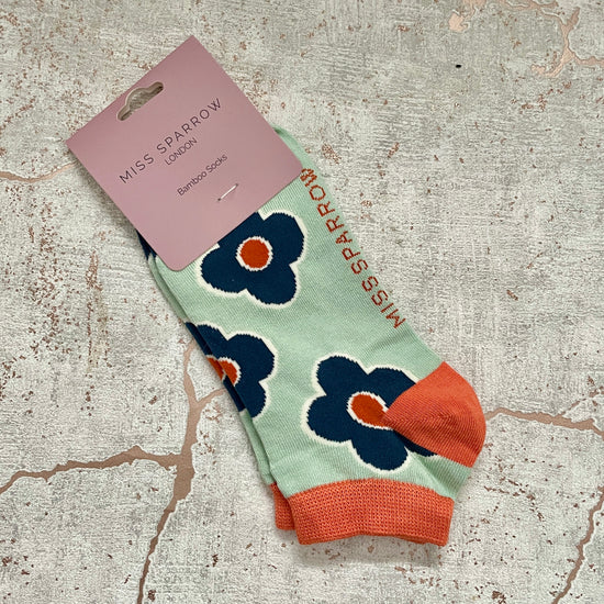 Retro Flowers Ladies Bamboo Trainer Socks - Mint/Navy